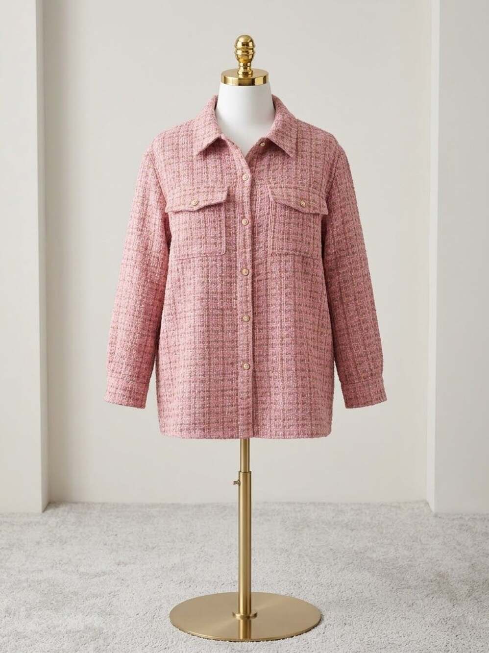 SHEIN 0XL Pink Tweed Plaid Button-Up Shirt Jacket with Pockets